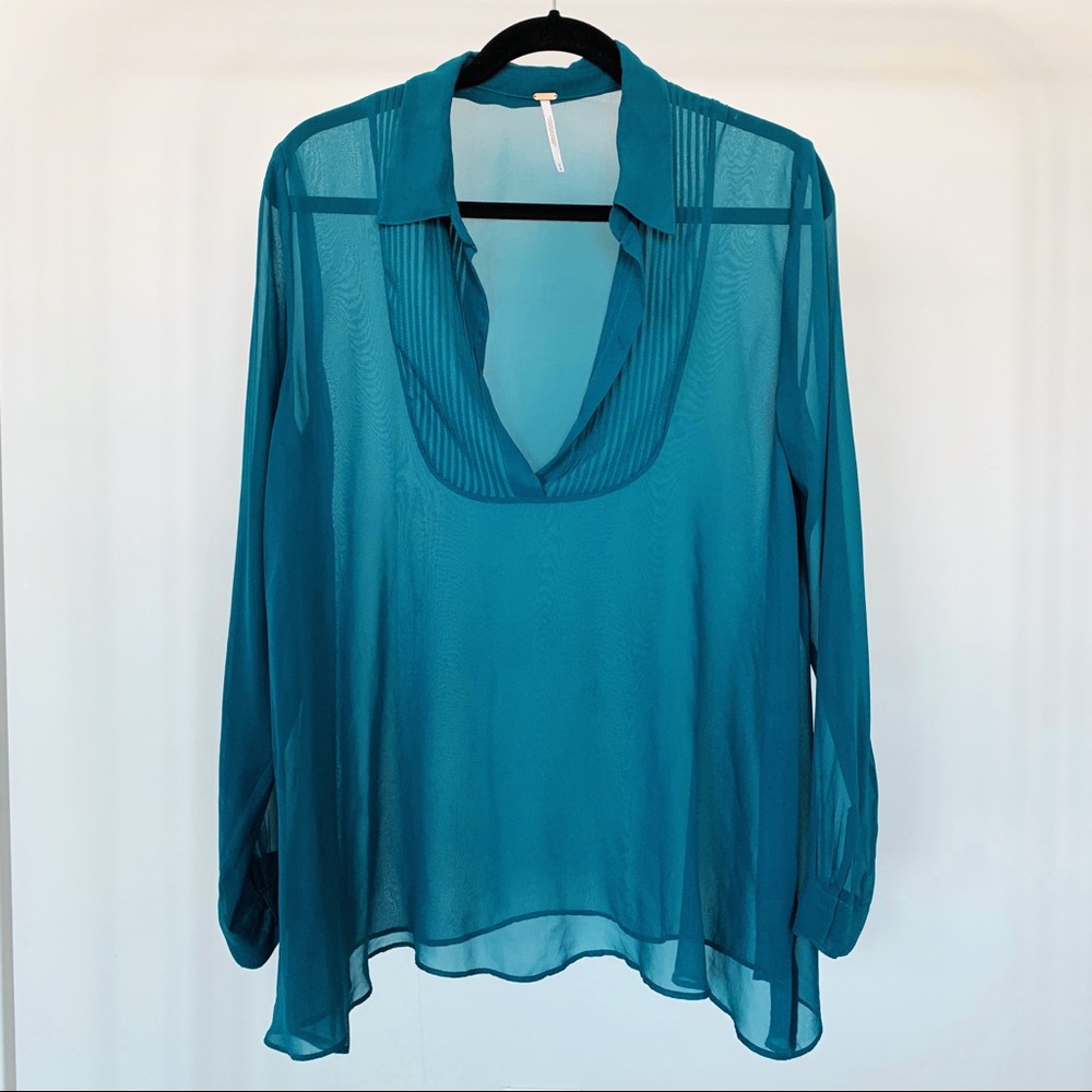 Free People Long Sheer Teal Blouse Size M
